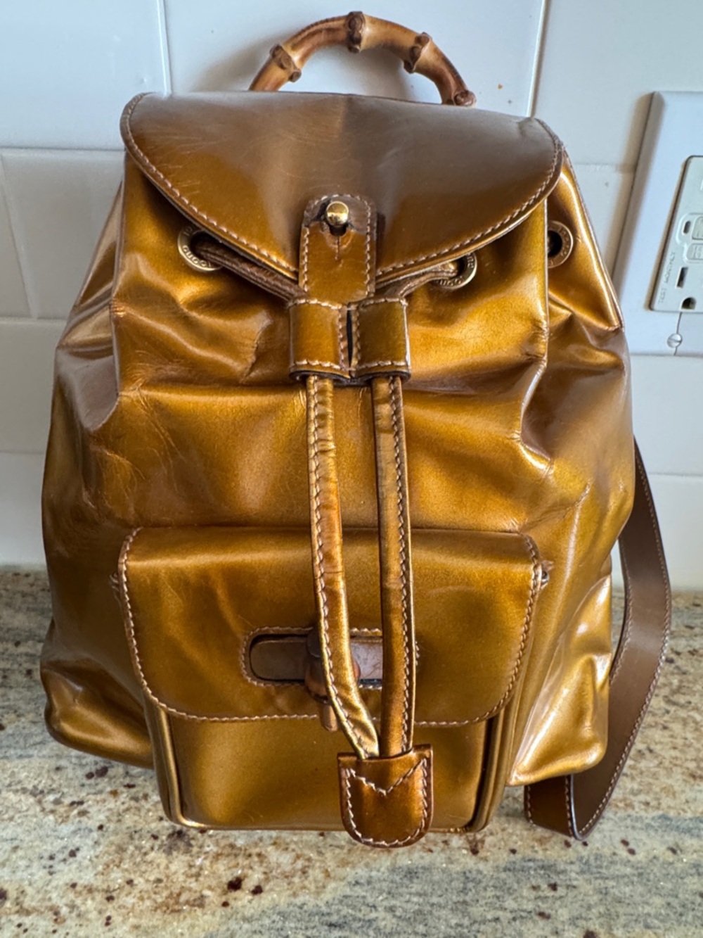 Gucci mini Patent Leather Drawstring Backpack ,, Bamboo Handle VTG Bronze